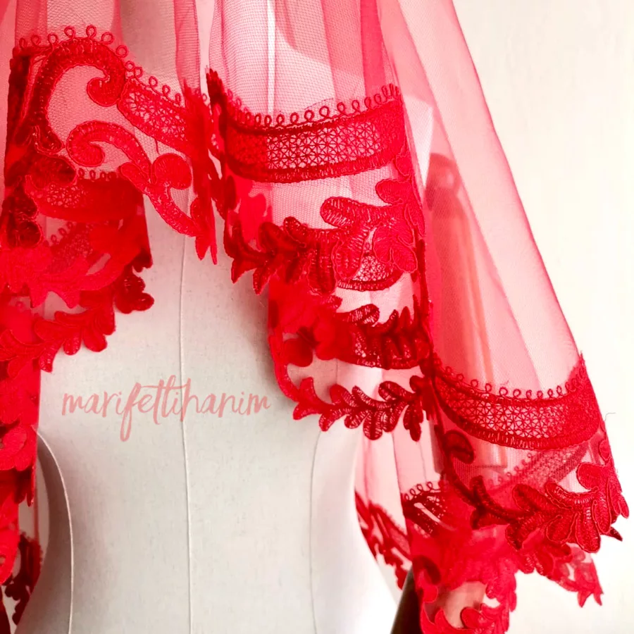 Kırmızı Fransız Dantelli Gelin Duvağı