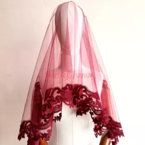 Bordo Fransız Dantelli Gelin Duvağı