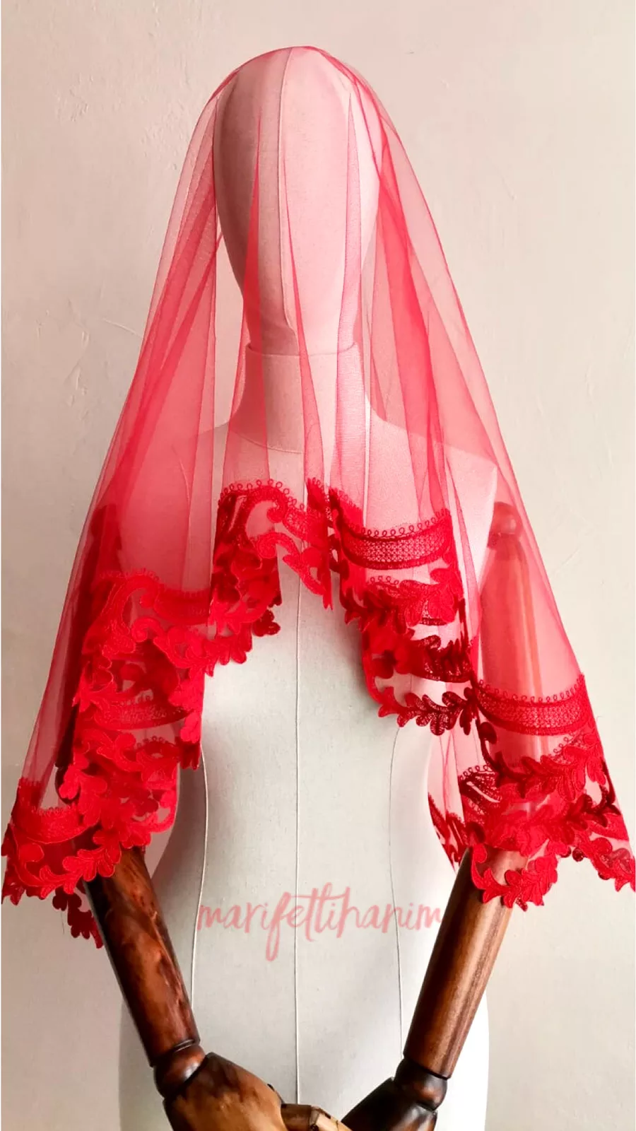 Kırmızı Fransız Dantelli Gelin Duvağı