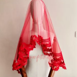 Kırmızı Fransız Dantelli Gelin Duvağı