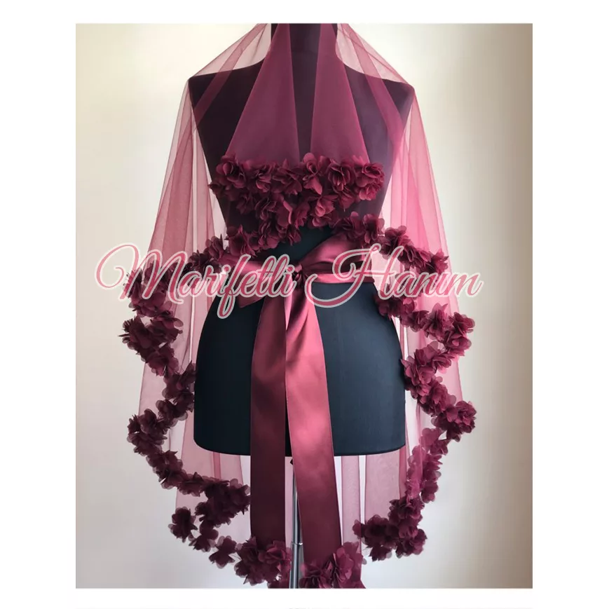 Bordo Çiçek Süslemeli Duvak