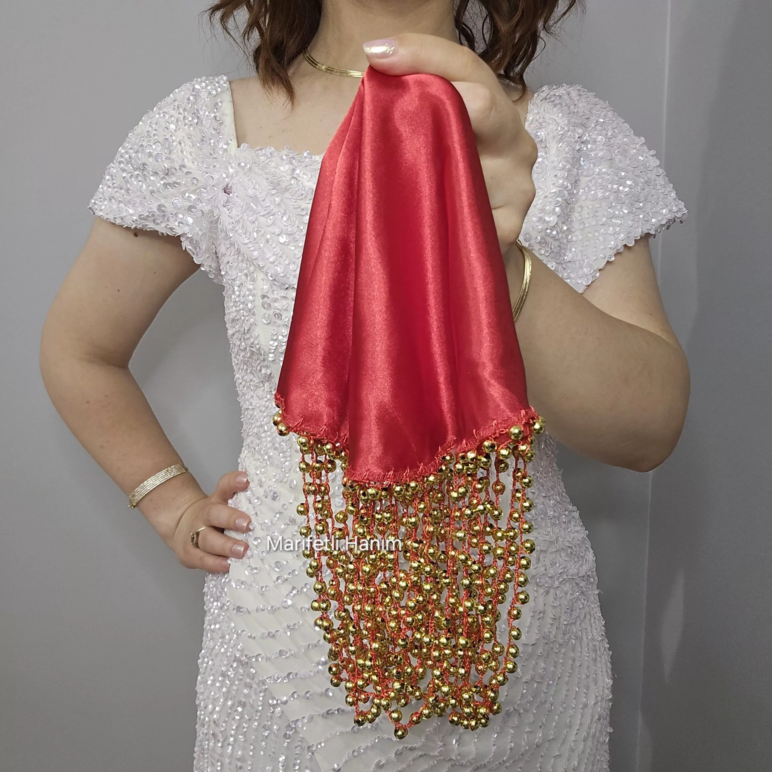 Kırmızı Boncuk Oyalı Gelin Mendili