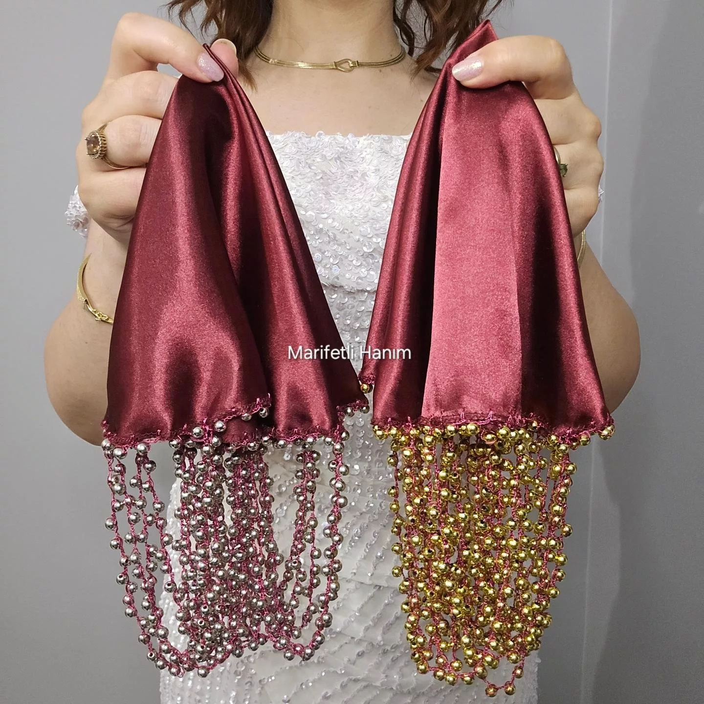 Bordo Boncuk Oyalı Gelin Mendili