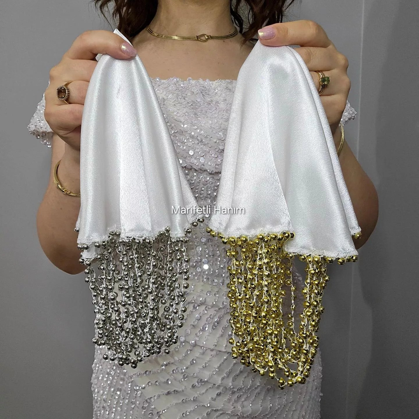 Beyaz Boncuk Oyalı Gelin Mendili